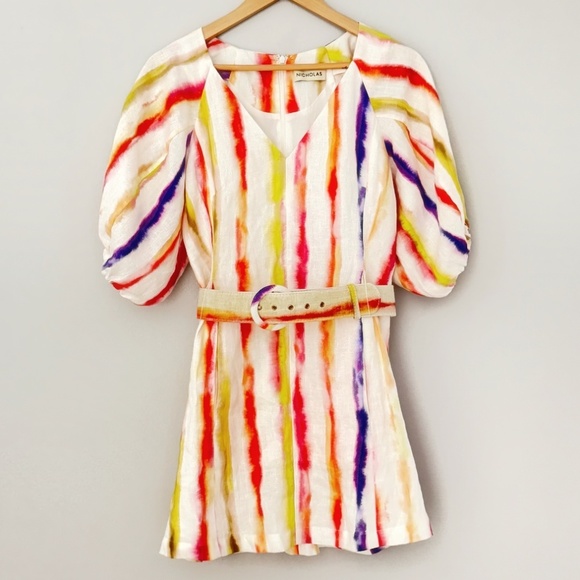 Nicholas The Label Linen Dress Shaanti Mini Rainbow Vibrant Puff Sleeve Belted - Picture 16 of 16